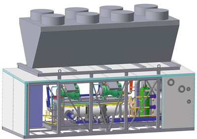 Компоновочный чертеж мобильной контейнерной установки для ледового поля и вид компрессорного агрегата внутри контейнера